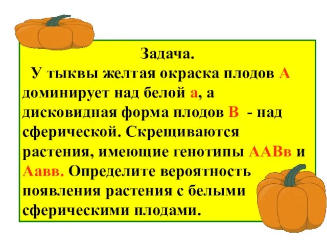 Задача. У тыквы желтая окраска плодов А доминирует над белой