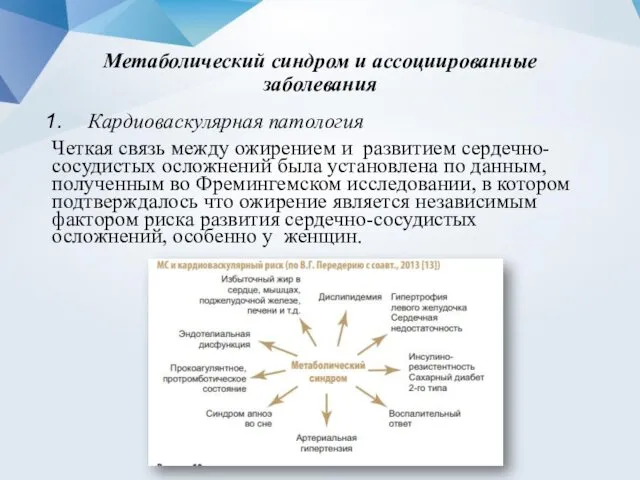 Метаболический синдром и ассоциированные заболевания Кардиоваскулярная патология Четкая связь между ожирением и развитием