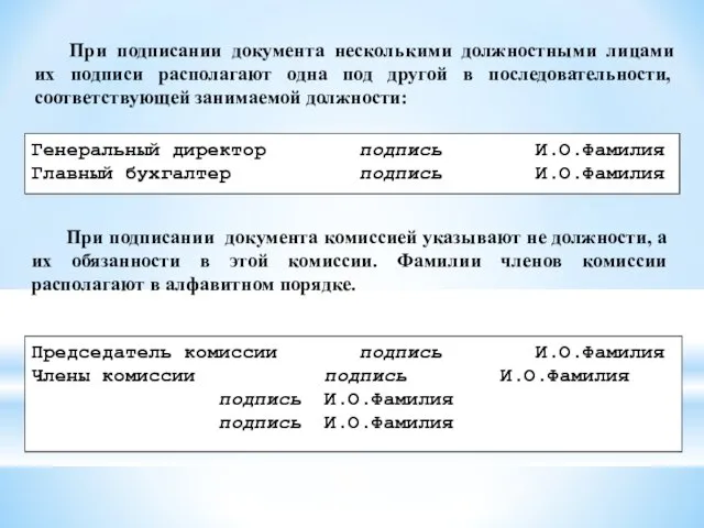 При подписании документа несколькими должностными лицами их подписи располагают одна