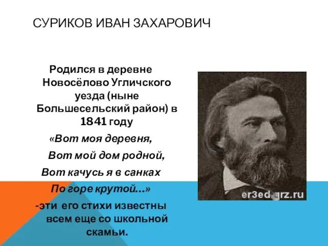 СУРИКОВ ИВАН ЗАХАРОВИЧ Родился в деревне Новосёлово Угличского уезда (ныне