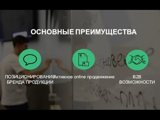 ОСНОВНЫЕ ПРЕИМУЩЕСТВА ПОЗИЦИОНИРОВАНИЕ БРЕНДА ПРОДУКЦИИ Активное online продвижение B2B ВОЗМОЖНОСТИ