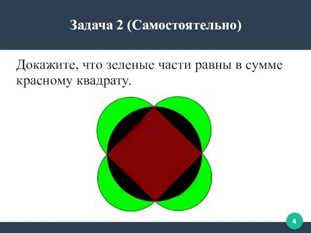 Задача 2 (Самостоятельно) Докажите, что зеленые части равны в сумме красному квадрату.