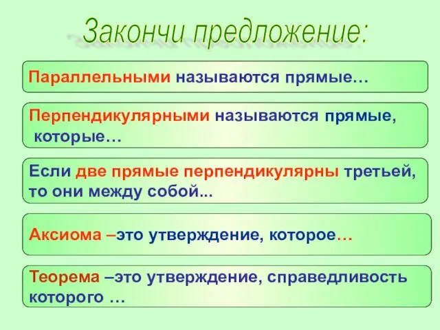 Закончи предложение: Параллельными называются прямые… Перпендикулярными называются прямые, которые… Если