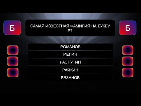 РОМАНОВ РЕПИН РАСПУТИН РАЙКИН РЯЗАНОВ Б САМАЯ ИЗВЕСТНАЯ ФАМИЛИЯ НА БУКВУ Р? Б