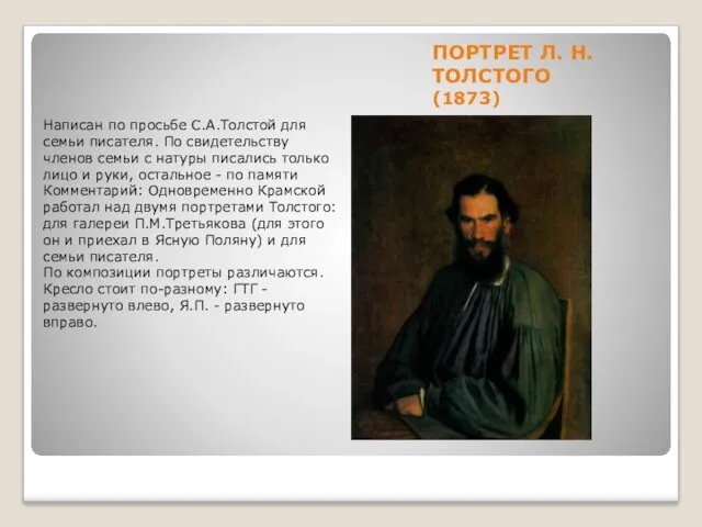 ПОРТРЕТ Л. Н. ТОЛСТОГО (1873) Написан по просьбе С.А.Толстой для