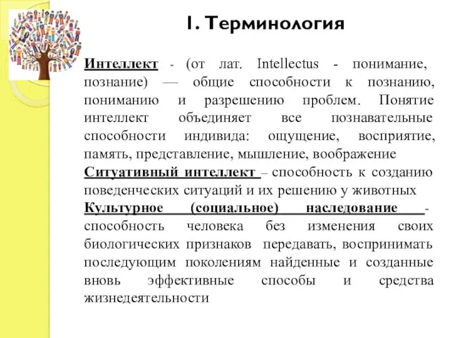 1. Терминология Интеллект - (от лат. Intellectus - понимание, познание) — общие способности