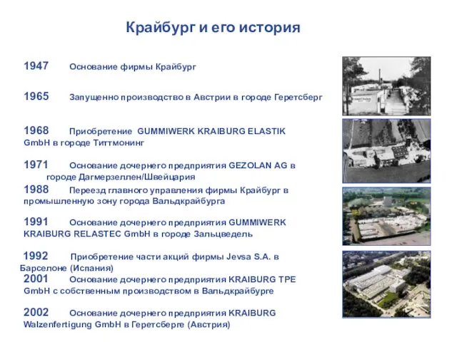 1947 Основание фирмы Крайбург 1965 Запущенно производство в Австрии в