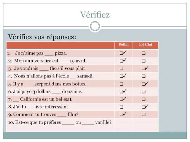 Vérifiez Vérifiez vos réponses: ✓ ✓ ✓ ✓ ✓ ✓ ✓ ✓ ✓