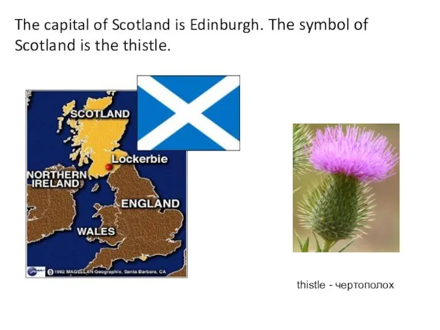 The capital of Scotland is Edinburgh. The symbol of Scotland is the thistle. thistle - чертополох