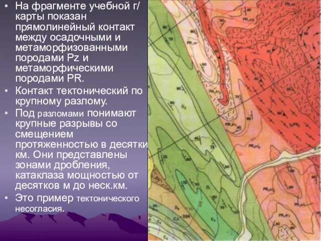 На фрагменте учебной г/ карты показан прямолинейный контакт между осадочными