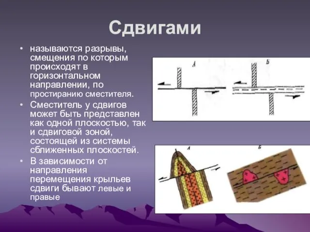 Сдвигами называются разрывы, смещения по которым происходят в горизонтальном направлении,