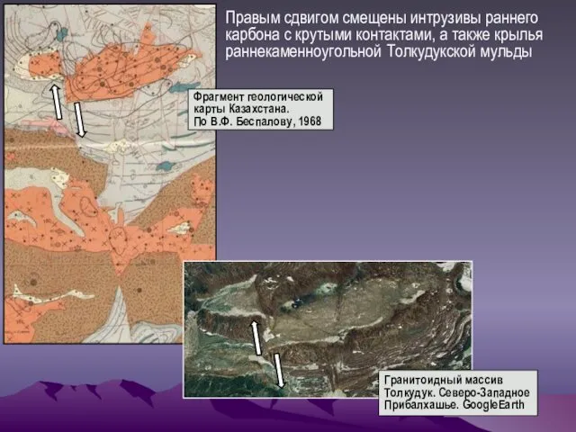 Правым сдвигом смещены интрузивы раннего карбона с крутыми контактами, а