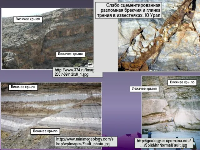 Висячее крыло Лежачее крыло http://geology.csupomona.edu/ …/SplitMtnNormalFault.jpg http://www.minimegeology.com/shop/wpimages/Fault_photo.jpg Висячее крыло Лежачее