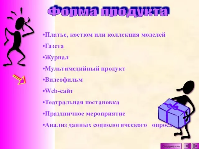 Содержание Форма продукта Платье, костюм или коллекция моделей Газета Журнал