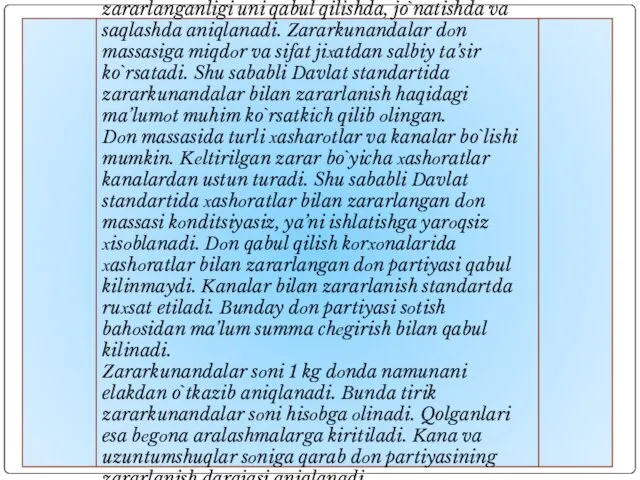 Dоn partiyasining zararkunandalar bilan zararlanganligi uni qabul qilishda, jo`natishda va saqlashda aniqlanadi. Zararkunandalar