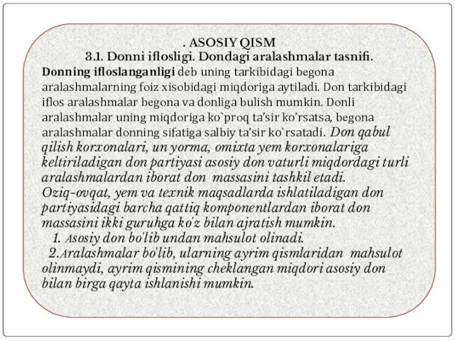 . ASOSIY QISM 3.1. Donni iflosligi. Dondagi aralashmalar tasnifi. Dоnning