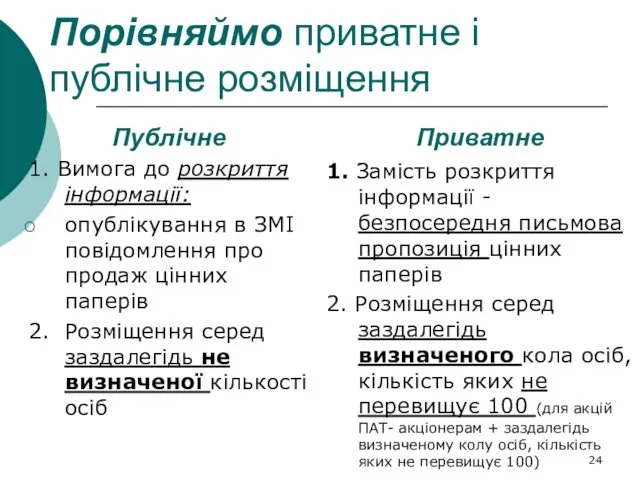 Порівняймо приватне і публічне розміщення Публічне 1. Вимога до розкриття