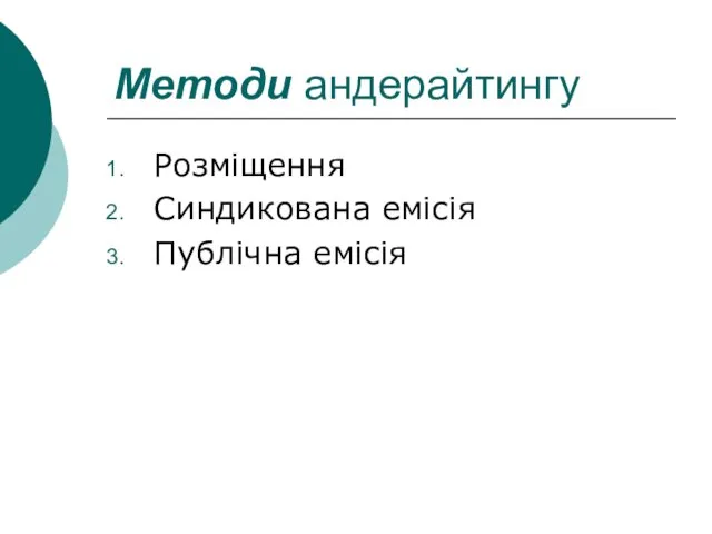 Методи андерайтингу Розміщення Синдикована емісія Публічна емісія