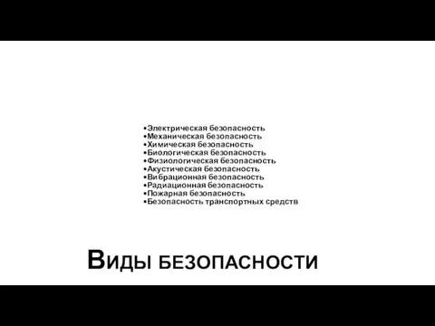 Электрическая безопасность Механическая безопасность Химическая безопасность Биологическая безопасность Физиологическая безопасность