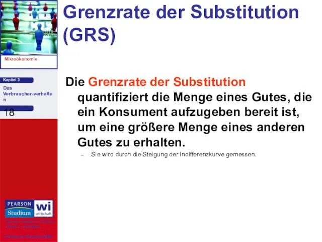 Grenzrate der Substitution (GRS) Die Grenzrate der Substitution quantifiziert die Menge eines Gutes,