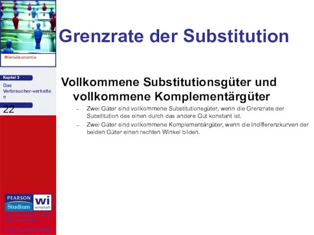 Grenzrate der Substitution Vollkommene Substitutionsgüter und vollkommene Komplementärgüter Zwei Güter sind vollkommene Substitutionsgüter,