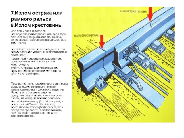 7.Излом остряка или рамного рельса 8.Излом крестовины Это обширная категория