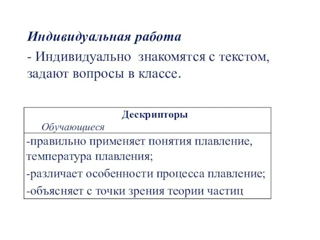 Индивидуальная работа - Индивидуально знакомятся с текстом, задают вопросы в классе.