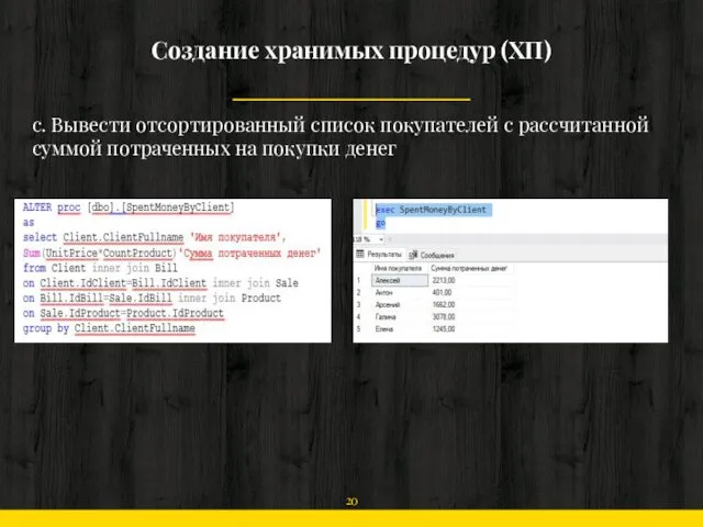 Создание хранимых процедур (ХП) с. Вывести отсортированный список покупателей с рассчитанной суммой потраченных на покупки денег