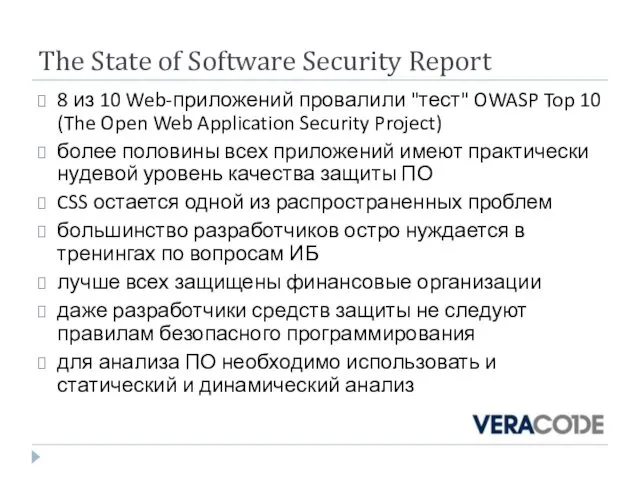 The State of Software Security Report 8 из 10 Web-приложений