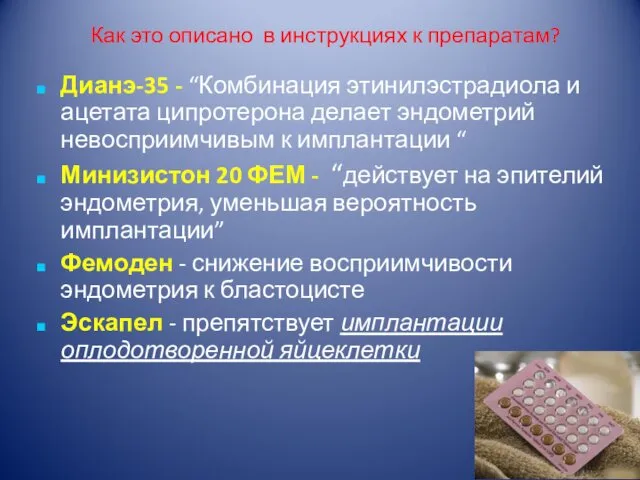 Как это описано в инструкциях к препаратам? Дианэ-35 - “Комбинация