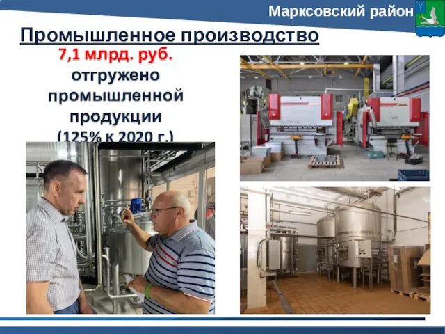 Промышленное производство 7,1 млрд. руб. отгружено промышленной продукции (125% к 2020 г.) Марксовский район