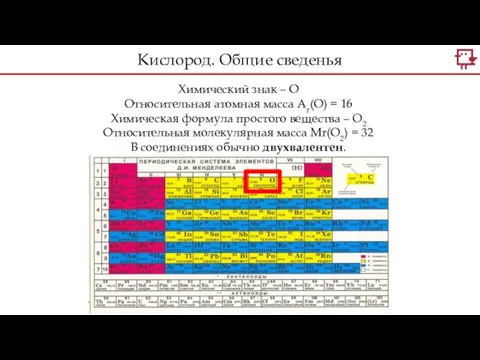 Химический знак – О Относительная атомная масса Ar(O) = 16