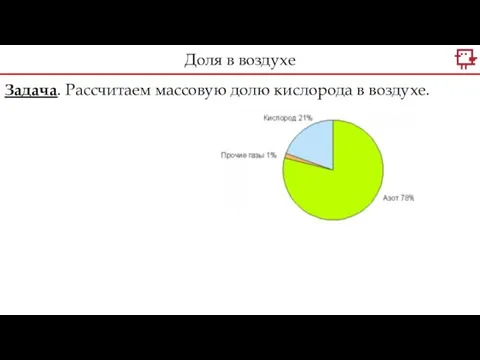 Задача. Рассчитаем массовую долю кислорода в воздухе. Доля в воздухе