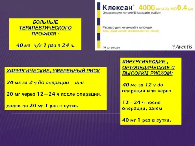 ХИРУРГИЧЕСКИЕ, УМЕРЕННЫЙ РИСК 20 мг за 2 ч до операции или 20 мг