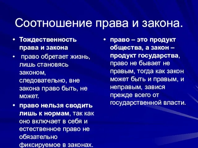 Соотношение права и закона. Тождественность права и закона право обретает