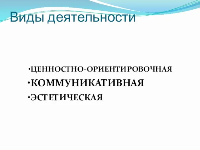 Виды деятельности ЦЕННОСТНО-ОРИЕНТИРОВОЧНАЯ КОММУНИКАТИВНАЯ ЭСТЕТИЧЕСКАЯ