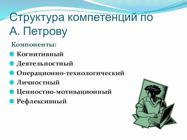 Структура компетенций по А. Петрову Компоненты: Когнитивный Деятельностный Операционно-технологический Личностный Ценностно-мотивационный Рефлексивный