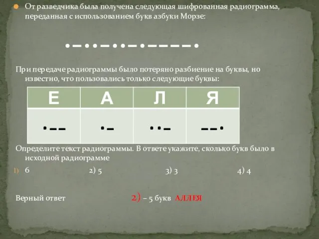 От разведчика была получена следующая шифрованная радиограмма, переданная с использованием