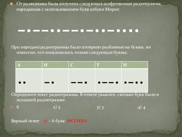 От разведчика была получена следующая шифрованная радиограмма, переданная с использованием