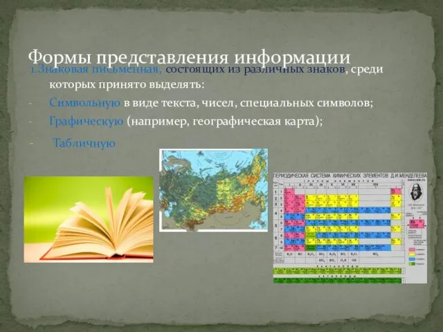 1.Знаковая письменная, состоящих из различных знаков, среди которых принято выделять: