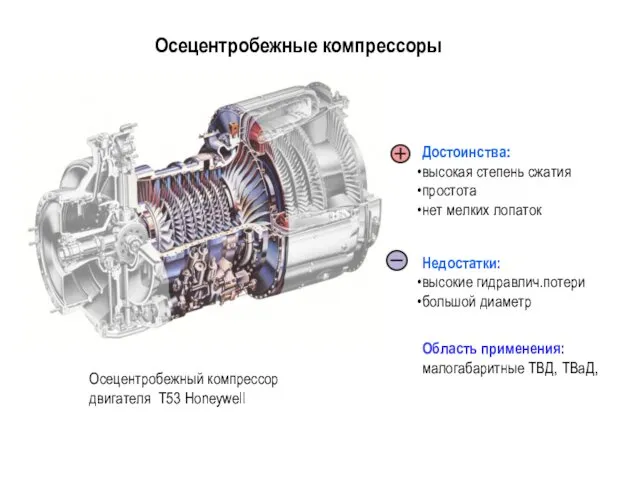 Осецентробежные компрессоры Осецентробежный компрессор двигателя Т53 Honeywell Достоинства: высокая степень