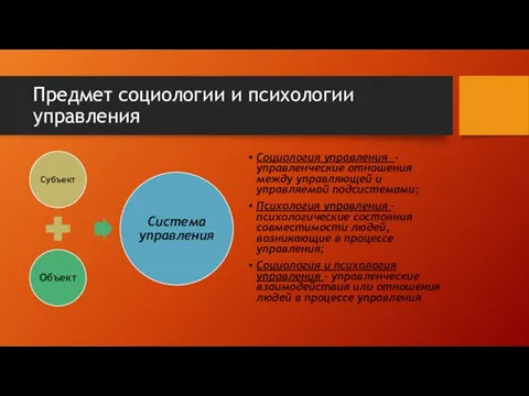 Предмет социологии и психологии управления Социология управления - управленческие отношения