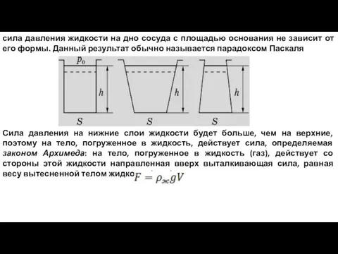 сила давления жидкости на дно сосуда с площадью основания не зависит от его