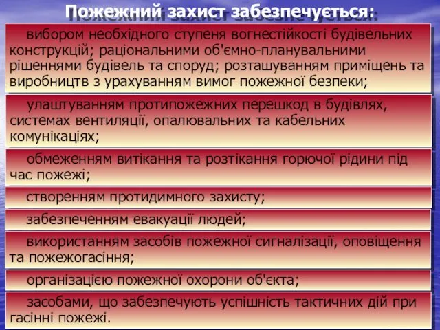 Пожежний захист забезпечується: вибором необхідного ступеня вогнестійкості будівельних конструкцій; раціональними