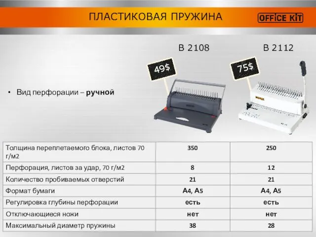 Вид перфорации – ручной ПЛАСТИКОВАЯ ПРУЖИНА B 2112 B 2108 49$ 75$