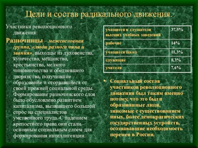 Цели и состав радикального движения. Участники революционного движения: Разночинцы –