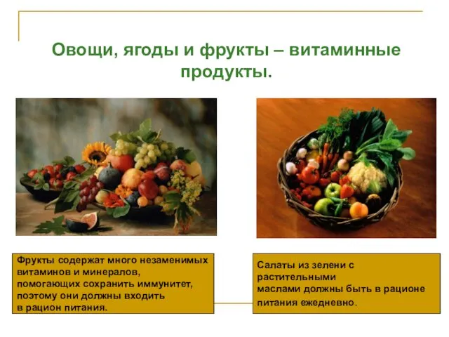 Овощи, ягоды и фрукты – витаминные продукты. Салаты из зелени с растительными маслами