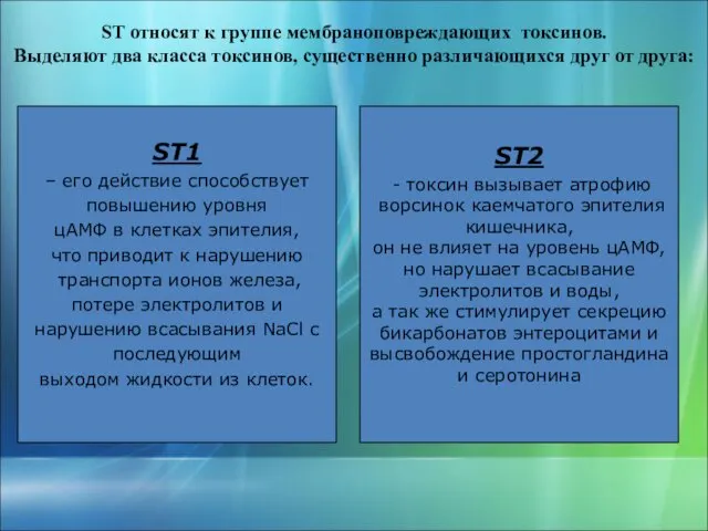 ST относят к группе мембраноповреждающих токсинов. Выделяют два класса токсинов,