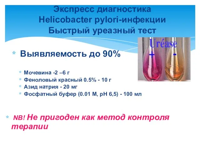 Экспресс диагностика Helicobacter pylori-инфекции Быстрый уреазный тест Выявляемость до 90%