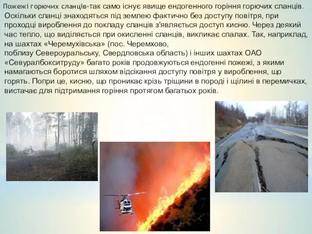 Пожежі горючих сланців-так само існує явище ендогенного горіння горючих сланців.